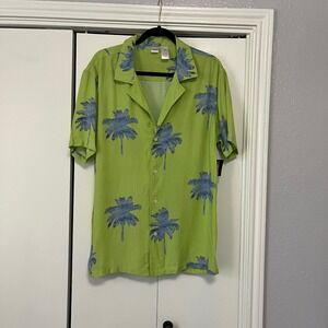 Indent Mens Palm Tree Print Rayon Short Sleeve Button Down‎ Shirt Lime Green M